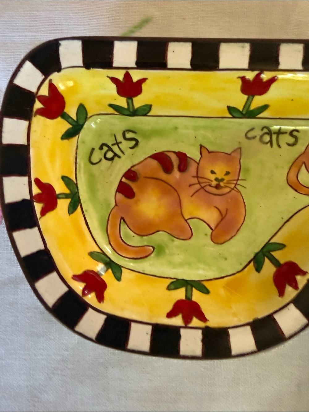 Kevin Chen enamel on copper eyeglass holder tray “Cats” design signed Vintage - Picture 3 of 7